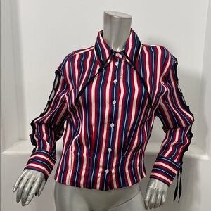 PASTICHE Long Sleeve Red white Blue Striped Button-Up Women's Top Shirt Cupro